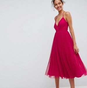 Pink Cocktail Midi Dress, Lace Dress, Tulle Dress